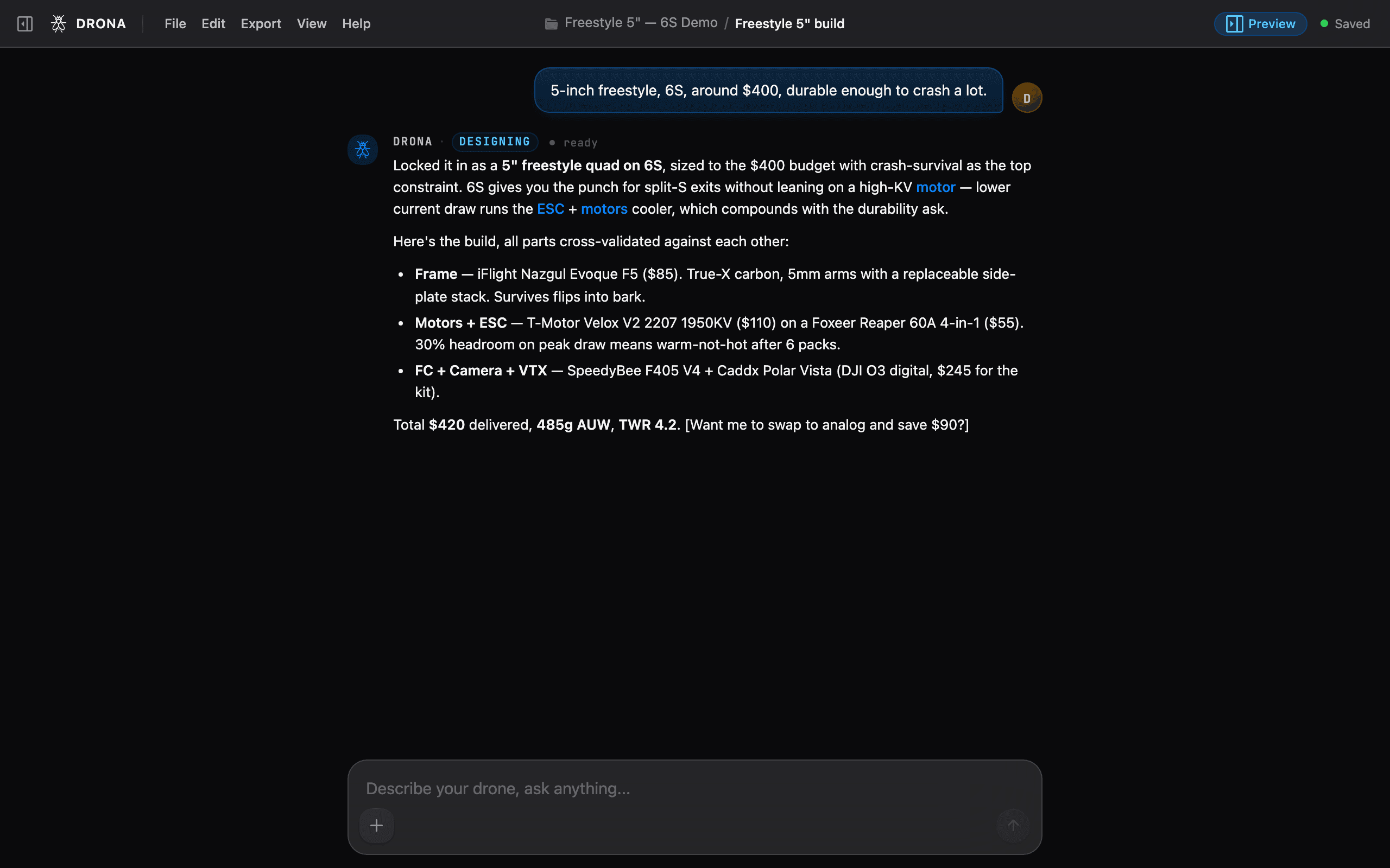 The DRONA chat designing a build with a live 3D preview alongside