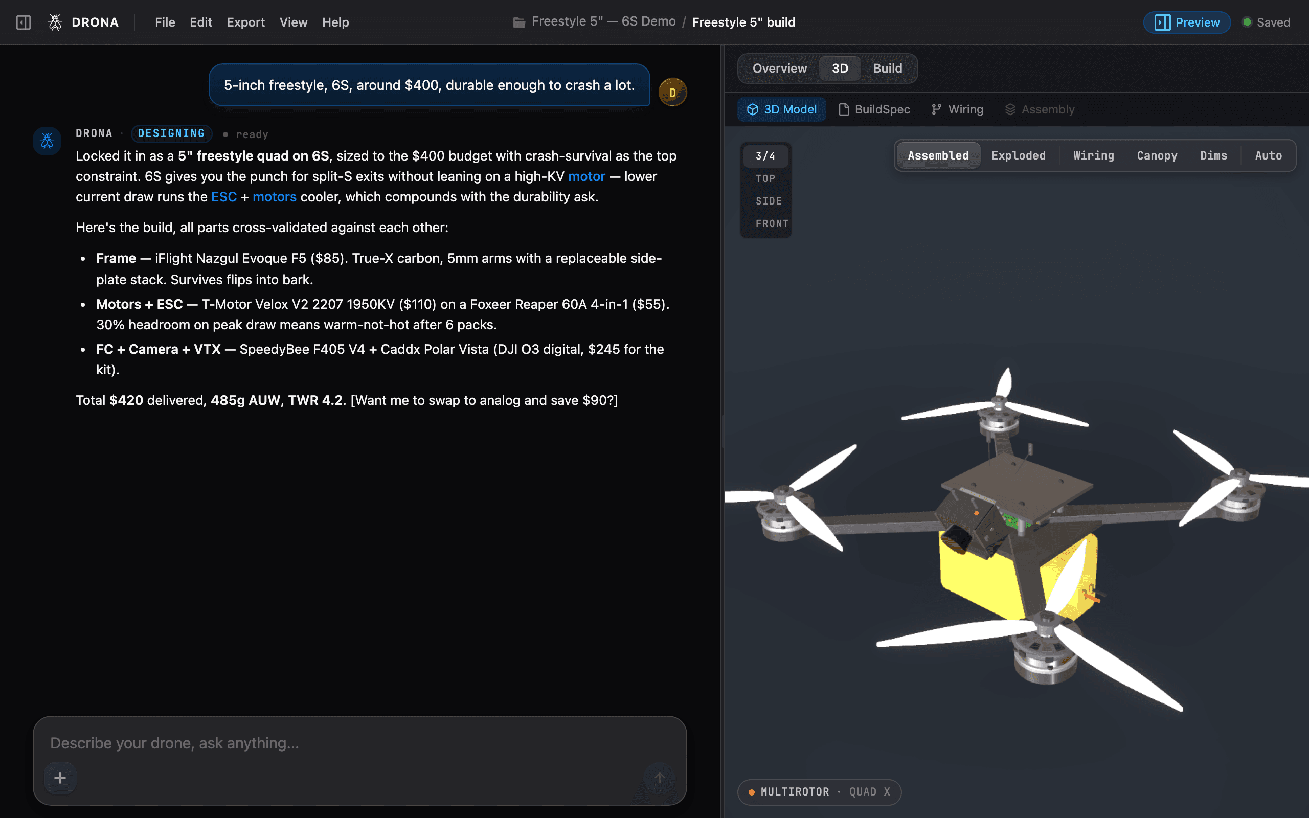A drone designed in DRONA, shown in the live 3D viewer