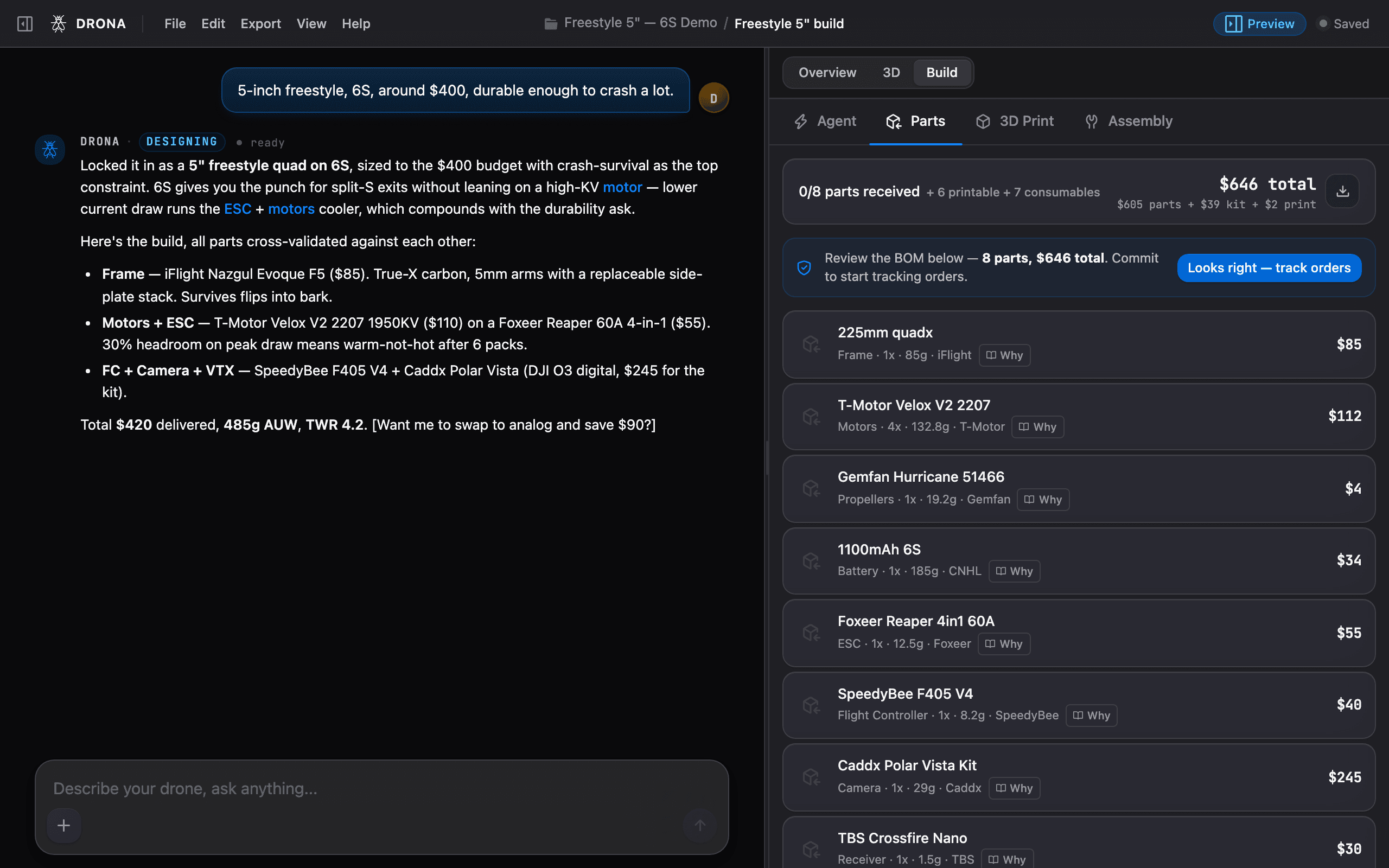 The Build tab with the bill of materials and buy links